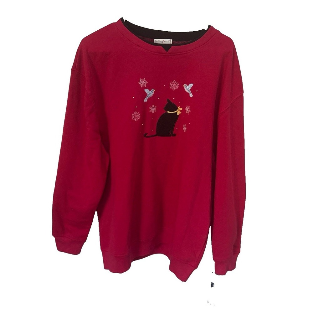 Crewneck Cottage Winter Black Cat And Bluebirds Snowflakes 3X NWT Women's